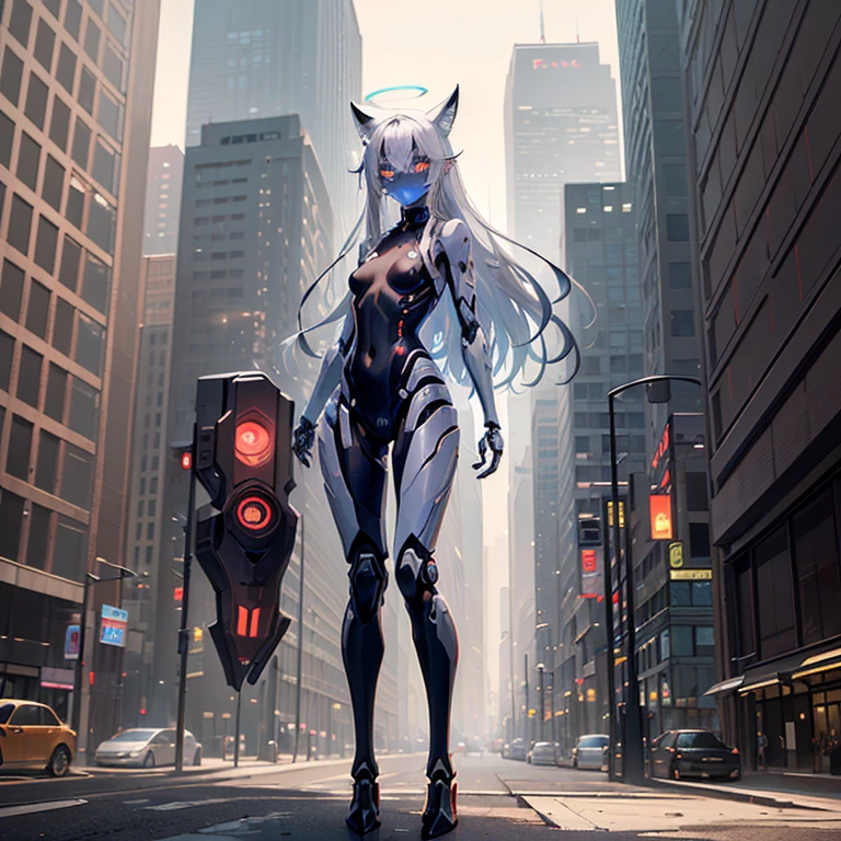 (Fox Girl, Fox Ears, Silver Hair, Fox Makeup, One Girl, Long Hair, Alone on the screen, dark skin:1.6), (mecha musume, Machinery Parts,Robot Joints, White and red clothes, Full body mechanical suit:1.8), (Body measurements are 75-60-75!, Young girl body, Small breasts, Proudly, Standing posture, slender, muscle:1.9), Avatar, face, lewd face, Dominant representation, naughty face, Uplifting, Skin Texture, outside, ruins, Ruined City, Broken Building, There are no people