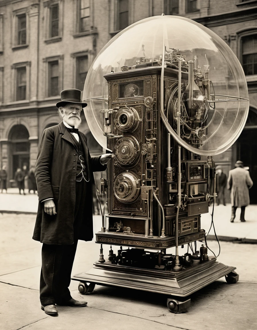 An old photography taken on a 19th century camera, depicting a time traveler from that era standing next to his innovative Da Vinci like time traveling machine. He's standing in a futuristic city (25th century)