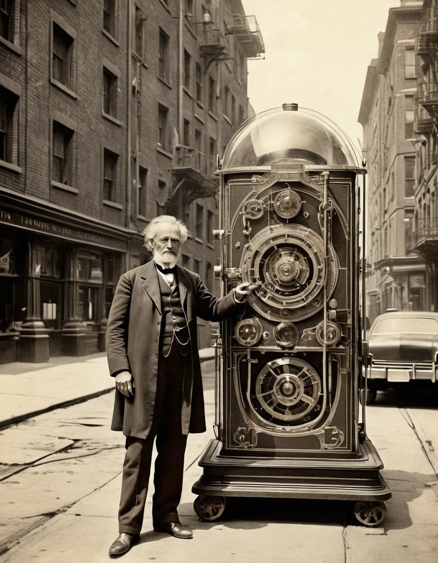 An old photography taken on a 19th century camera, depicting a time traveler from that era standing next to his innovative Da Vinci like time traveling machine. He's standing in a futuristic city (25th century)