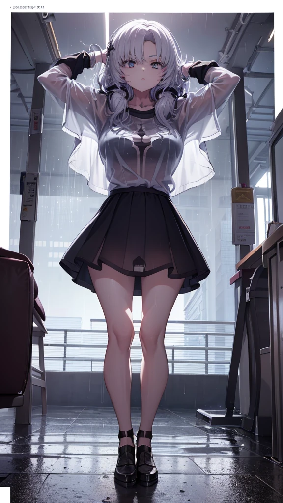 The clothes are wet, (Y-shirt is transparent: 1.4), skirt, (Unbroken body), (Perfect body structure), (arms two), (legs two), highest quality, 4K, (High resolution: 1.3) masterpiece , 1.2, Super detailed, HDR, Studio Lighting, Sharp Focus, Bright colors, Portrait, Warm tones, Soft Lighting,Rainy bus stop、