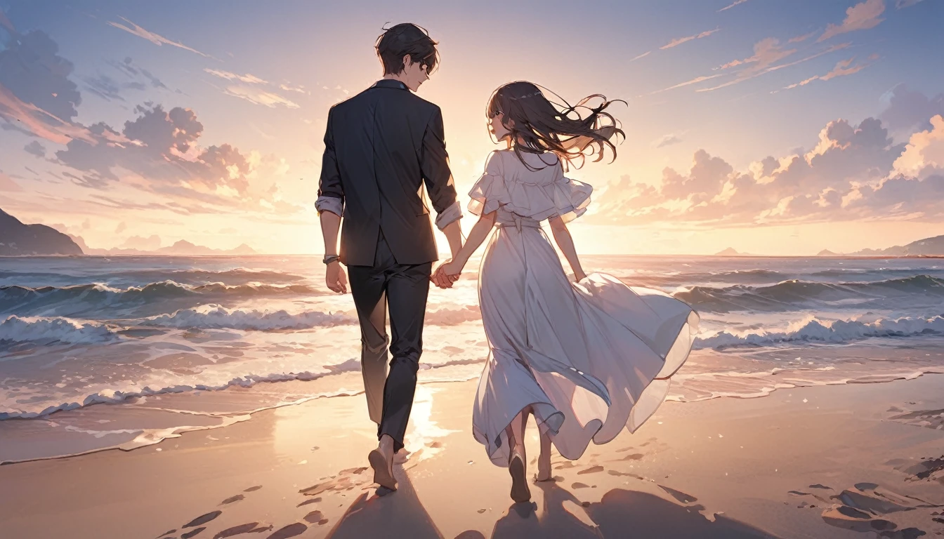 (Highest quality),Couple,Holding hands,beach