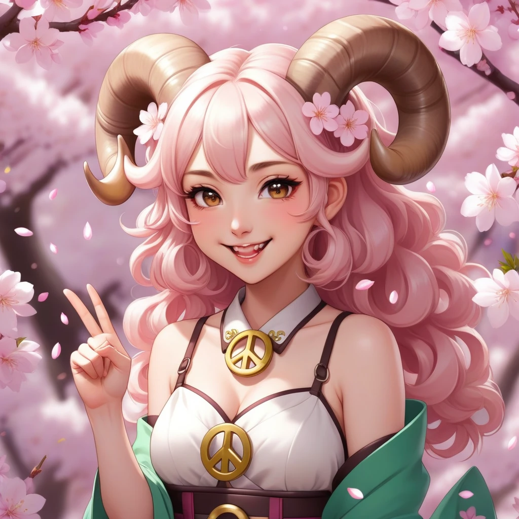 Cheerful anime Aries girl with curled ram horns, winking and flashing a peace sign, surrounded by floating sakura petals