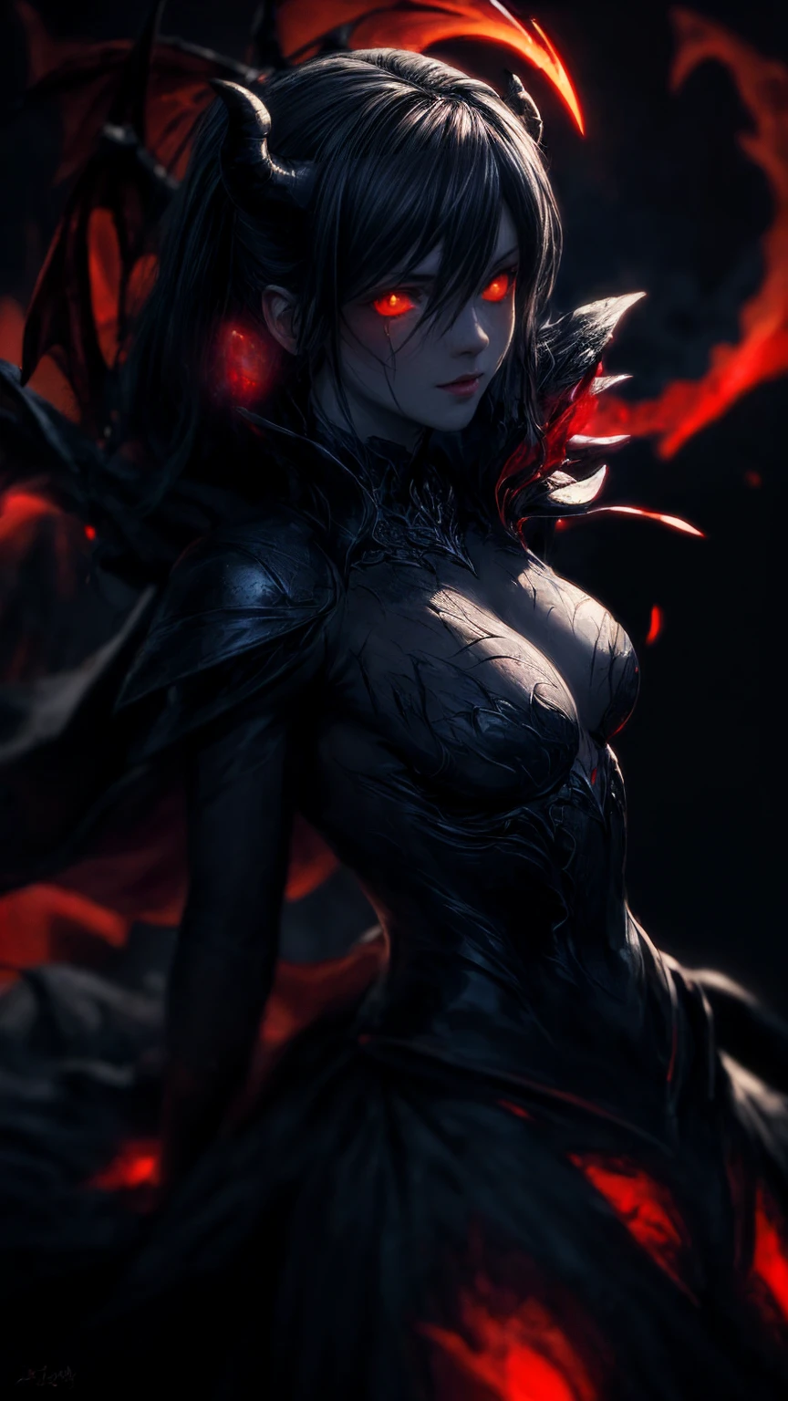 Storyboard, masterpiece, highest quality, dragonlady queen, perfect demoness, bright red glowing eyes, detailed eyes (1.4), scars on face, villainous expression, flaming skin body with bioluminescent glowing pattern, ready for battle, blurred stormy background, dark atmosphere, lighting in background,full body,