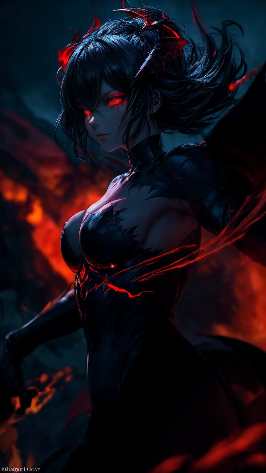 Storyboard, masterpiece, highest quality, dragonlady queen, perfect demoness, bright red glowing eyes, detailed eyes (1.4), scars on face, villainous expression, flaming skin body with bioluminescent glowing pattern, ready for battle, blurred stormy background, dark atmosphere, lighting in background,full body,