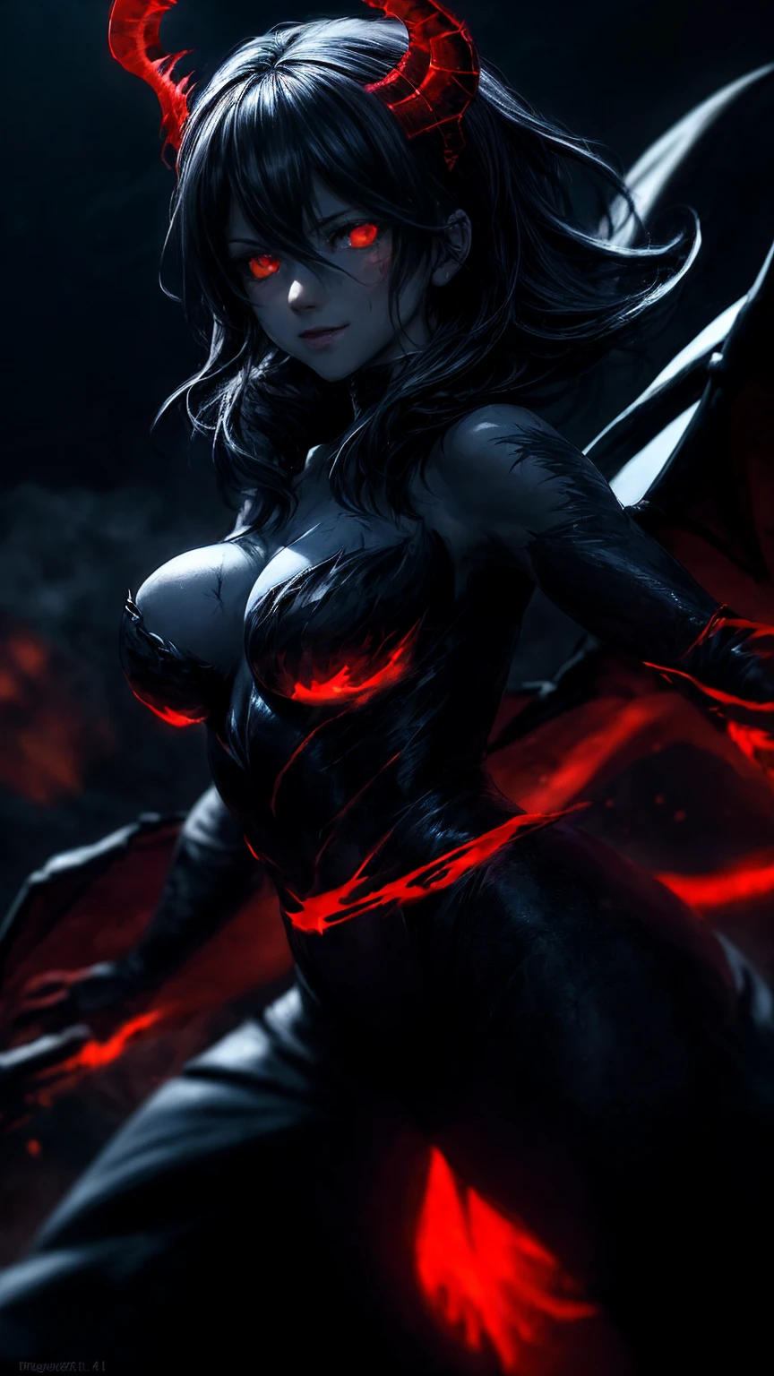 Storyboard, masterpiece, highest quality, dragonlady queen, perfect demoness, bright red glowing eyes, detailed eyes (1.4), scars on face, villainous expression, flaming skin body with bioluminescent glowing pattern, ready for battle, blurred stormy background, dark atmosphere, lighting in background,full body,