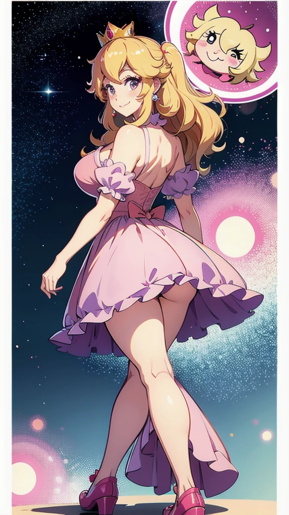 Princess peach, showing big ass,half naked, smiling. Princess pink dress.