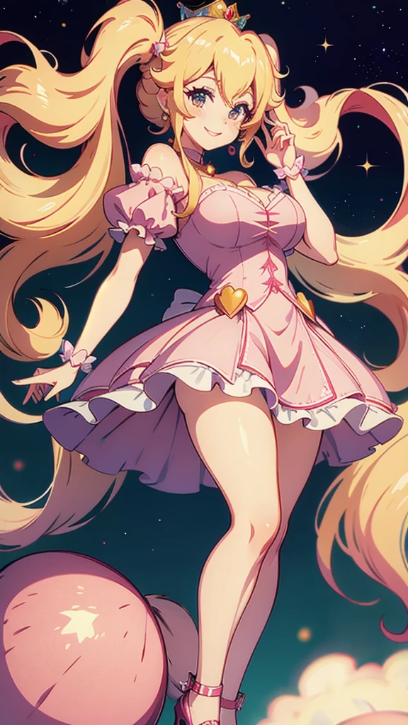 Princess peach, showing big ass,half naked, smiling. Princess pink dress.