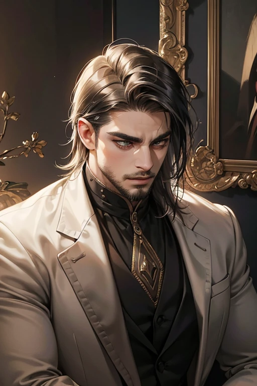 (Best quality, A high resolution, Ultra-detailed, Realistic:1.37), sportrait, A man facing a group of people, intense eye contact, Confident expression, Strong presence, Powerful gaze, Handsome features, chiseled jawline, fashion hair, neat beard, piercing eyes, Enchanted smile, fashionable attire, Tailor-made suits, crisp white shirts, Smooth tie, Polished shoes, High-end watches, Elegant accessories, A luxurious setting, Dimly lit room, Moody lighting, Dramatic shadows, Vibrant colors, Dynamic composition, Artistic brushstrokes, Oil painting style, masterful technique, Realistic textures, Fine details, depth and dimensionality, Cinematic atmosphere ((barba delicada perfecta color negra))