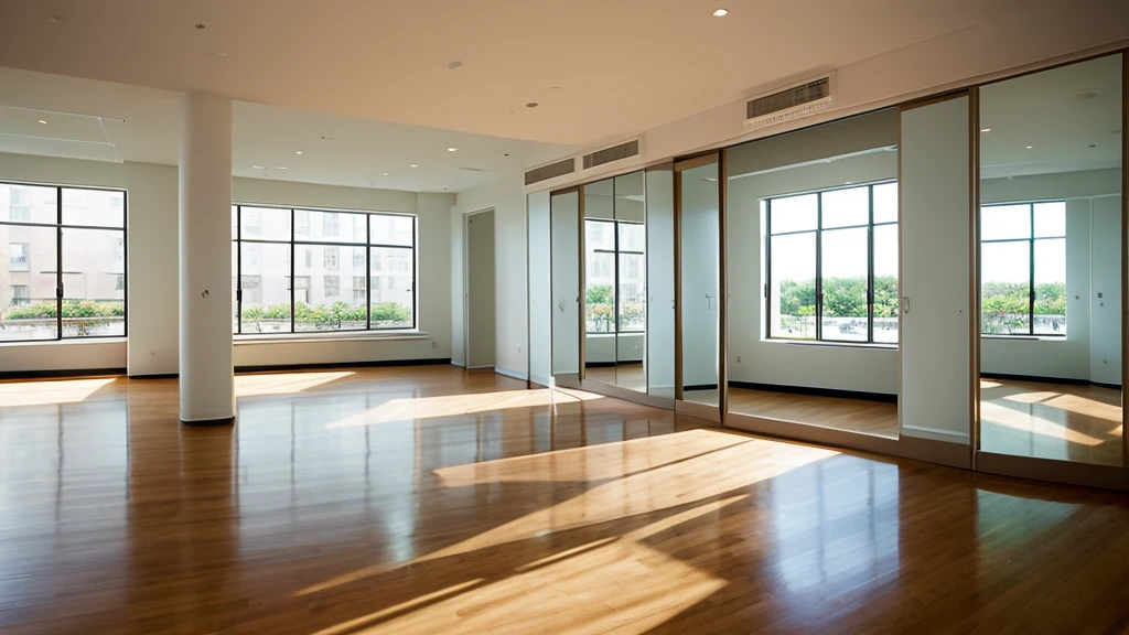 Modern and contemporary ballet studio interior、The walls are white and feature stylish windows and long mirrors.、High resolution illustrations