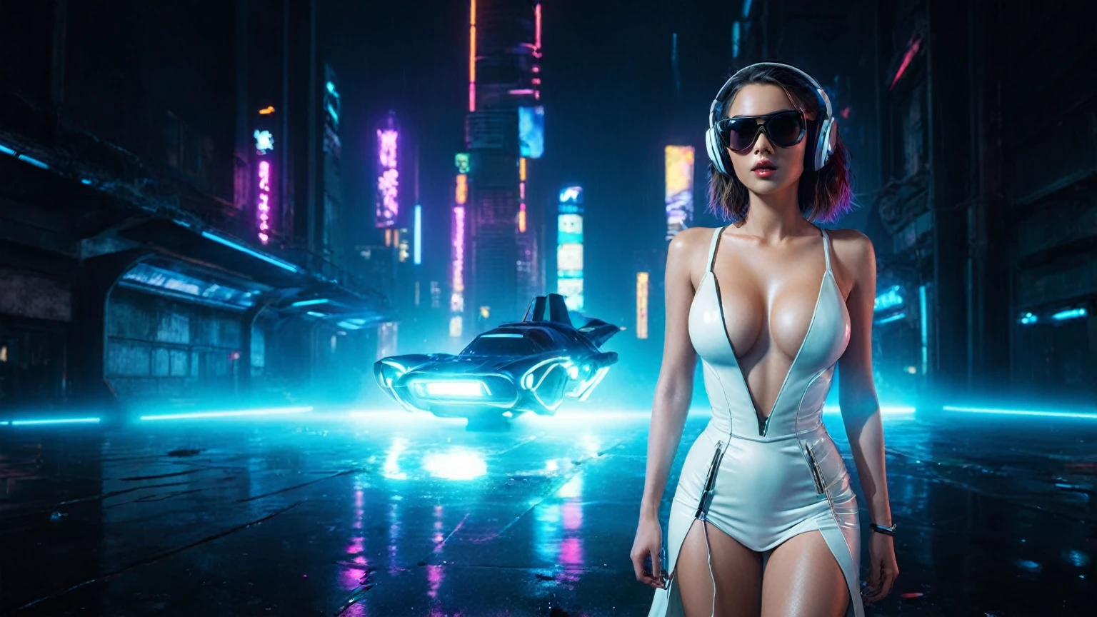 (aerial view, a flying cars docking platform, a very dark abandoned futuristic city, neon lights), rainy night. 1girl, solo, alone, large-breast:1.2 slim body, cleavage:1.1, sexy wind blowing wet dress:1.4, (headphone, black sunglasses), (((((she raised:1.8 a pistol:1.8 and took aim at viewer))))), dynamic pose, (((half-body thigh level medium shot))), cinematic lighting, lens flare, ray tracing.