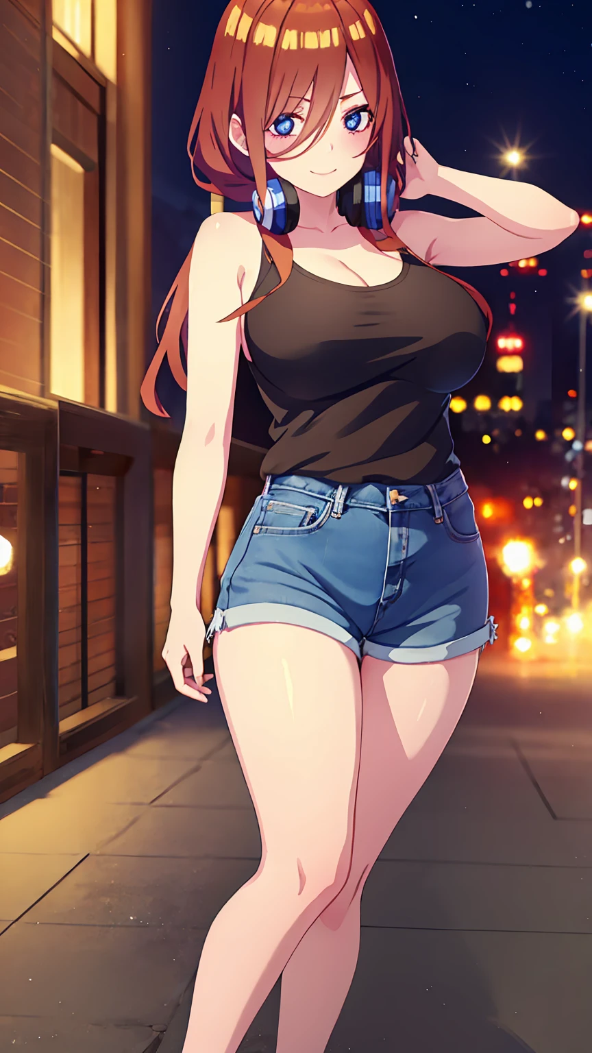 [miku nakano, long hair, bangs, blue eyes, brown hair, shirt, hair between eyes, headphones, cardigan, headphones around neck,], 1girl, anime girl, anime, girl, 2d girl, 16y, (fullbody), seductive smile, blush, cleavage, Solo, Slim, Big breasts, large Breasts, sfw, cowboy shot, Tight Shorts, low waist shorts, upshorts, outdoors, night background, looking at viewer, darker shadows, (((shorts))), (((thigh gap))), (((lowleg shorts))),