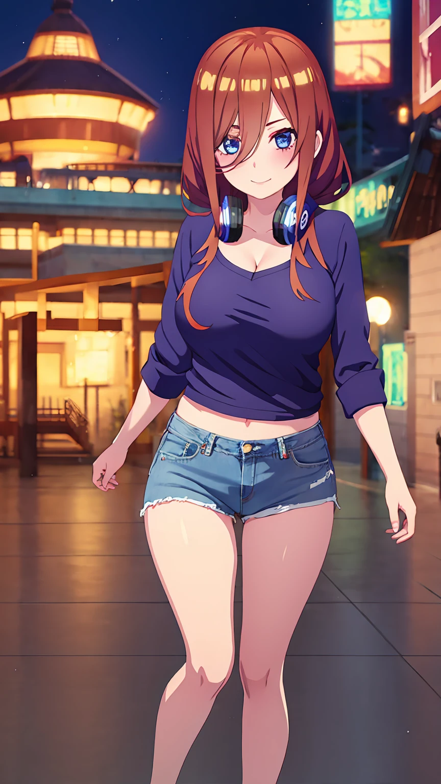 [miku nakano, long hair, bangs, blue eyes, brown hair, shirt, hair between eyes, headphones, cardigan, headphones around neck,], 1girl, anime girl, anime, girl, 2d girl, 16y, (fullbody), seductive smile, blush, cleavage, Solo, Slim, Big breasts, large Breasts, sfw, cowboy shot, Tight Shorts, low waist shorts, upshorts, outdoors, night background, looking at viewer, darker shadows, (((shorts))), (((thigh gap))), (((lowleg shorts))),