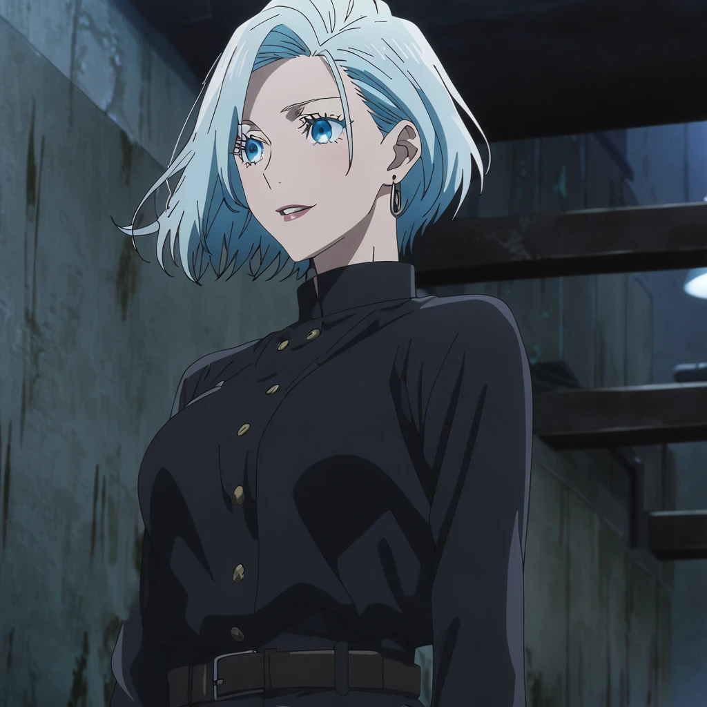 1girl, female gojo satoru, anime screencap from jujutsu kaisen, gojo satoru female version, solo, short_hair, ((Blue eyes, round sunglasses)) ((Silver_hair, hair over ear from one side))((slicked hair)) , night view, (hanging breasts) upper_body, smile, indoors, parted lips, (short hair) ((wearing black colour outfit, glossy)) breast, "very detailed and high resolution" (Blue eyes, round sunglasses) ((solo)) (((front view))) (earings) ((high resolution)) ((good quality)) ((silky hair, hair over ear from one side))((hair slicked)) ((parted lips)) ((full body))