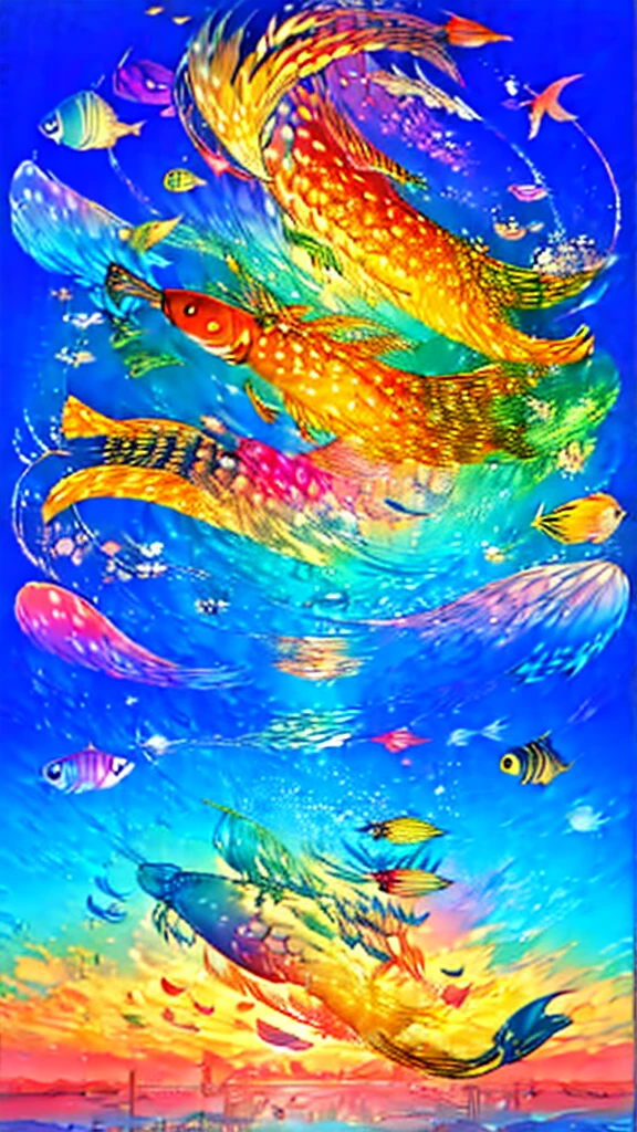 Fish swimming in the rainbow sea,colorful,Beautiful fish,Various kinds of fish、wonderful景色,Utopia,An atmosphere full of dreams and hope,masterpiece.16K, Ultra-high resolution, Ultra-high resolution, to be born,wonderful ,future、Iridescent、The world 30 years from now。