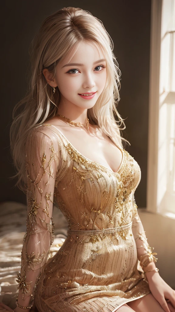 Body portrait, 8K, Slender beautiful eyes, Tyndall effect, masterpiece, Top quality, high quality, high resolution, Very detailed photos, (Natural skin texture, Delicate skin, Surrealism, Super sharp), High Detail Skin, (very good, Delicate skin texture, Intricate details, Pretty Face, Realistic face, Realistic eyes, Beautifully detailed eyes, Realistic skin, Beautiful Skin, Surrealism, Very detailed golden ratio, Smiling eyes, Night moonlight background, Body portrait, Glamorous, Sexy knitted dress，Above the knee