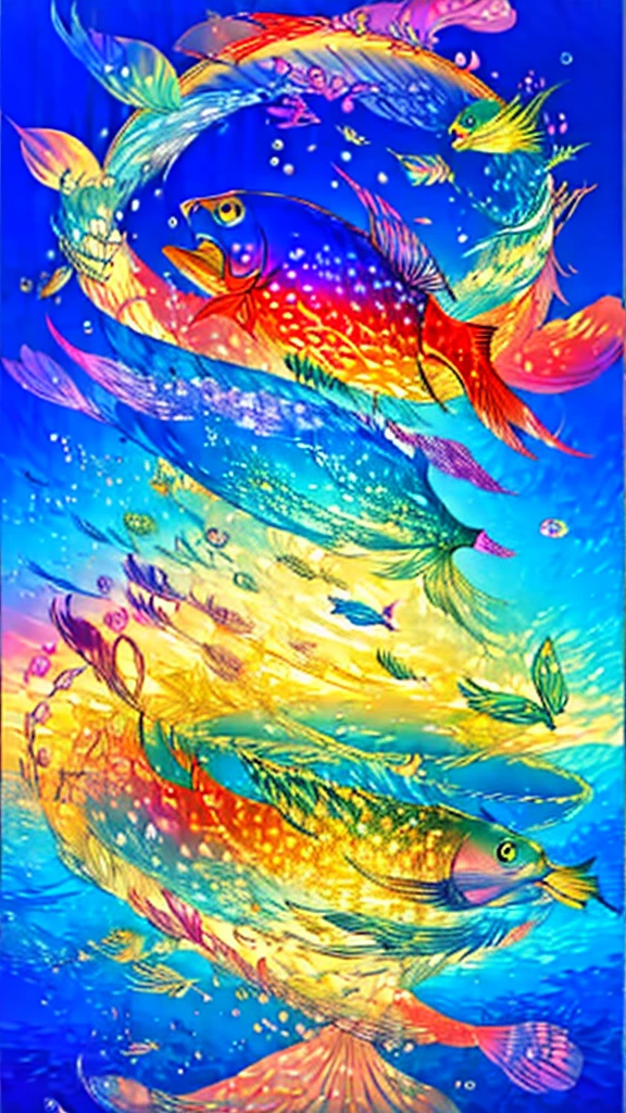 Fish swimming in the rainbow sea,colorful,Beautiful fish,Various kinds of fish、wonderful景色,Utopia,An atmosphere full of dreams and hope,masterpiece.16K, Ultra-high resolution, Ultra-high resolution, to be born,wonderful ,future、Iridescent、The world 30 years from now。