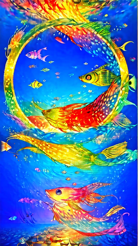 Fish swimming in the rainbow sea,colorful,Beautiful fish,Various kinds of fish、wonderful景色,Utopia,An atmosphere full of dreams and hope,masterpiece.16K, Ultra-high resolution, Ultra-high resolution, to be born,wonderful ,future、Iridescent、The world 30 years from now。