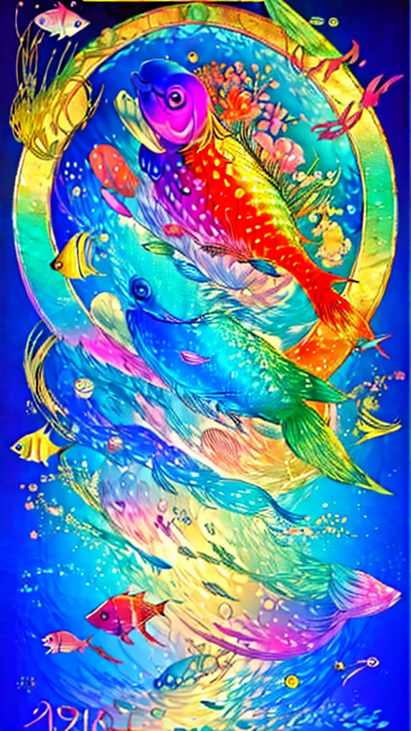 Fish swimming in the rainbow sea,colorful,Beautiful fish,Various kinds of fish、wonderful景色,Utopia,An atmosphere full of dreams and hope,masterpiece.16K, Ultra-high resolution, Ultra-high resolution, to be born,wonderful ,future、Iridescent、The world 30 years from now。
