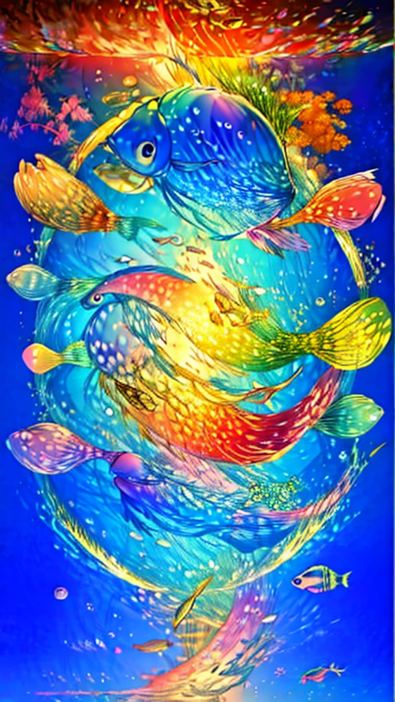 Fish swimming in the rainbow sea,colorful,Beautiful fish,Various kinds of fish、wonderful景色,Utopia,An atmosphere full of dreams and hope,masterpiece.16K, Ultra-high resolution, Ultra-high resolution, to be born,wonderful ,future、Iridescent、The world 30 years from now。