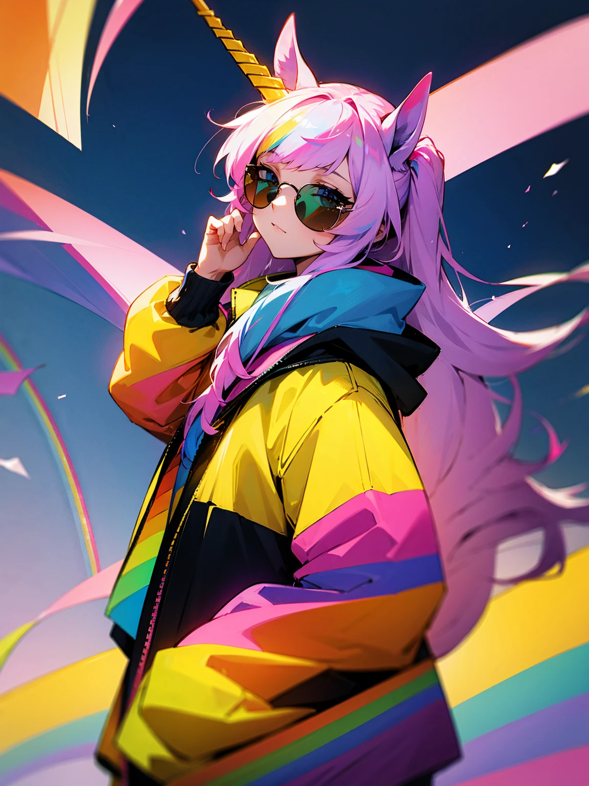 1female, long hair, straight hair, horse ears, unicorn horn, rainbow jacket, sunglasses, confident