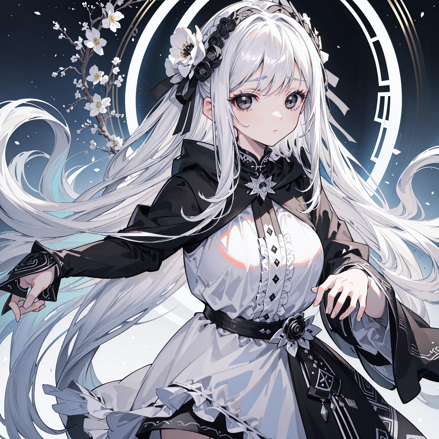 (Top image quality)、(Very detailed)、(Facing forward)、Top quality、masterpiece、(((1 girl )))、Silver Hair、White hair、((Long hair))、Weaving、(black eyes:1.6)、(White and black cheongsam)、Hooded dress、Lots of decorations、Lots of ribbons、White Ribbon、ruthless、Fluffy loose hair