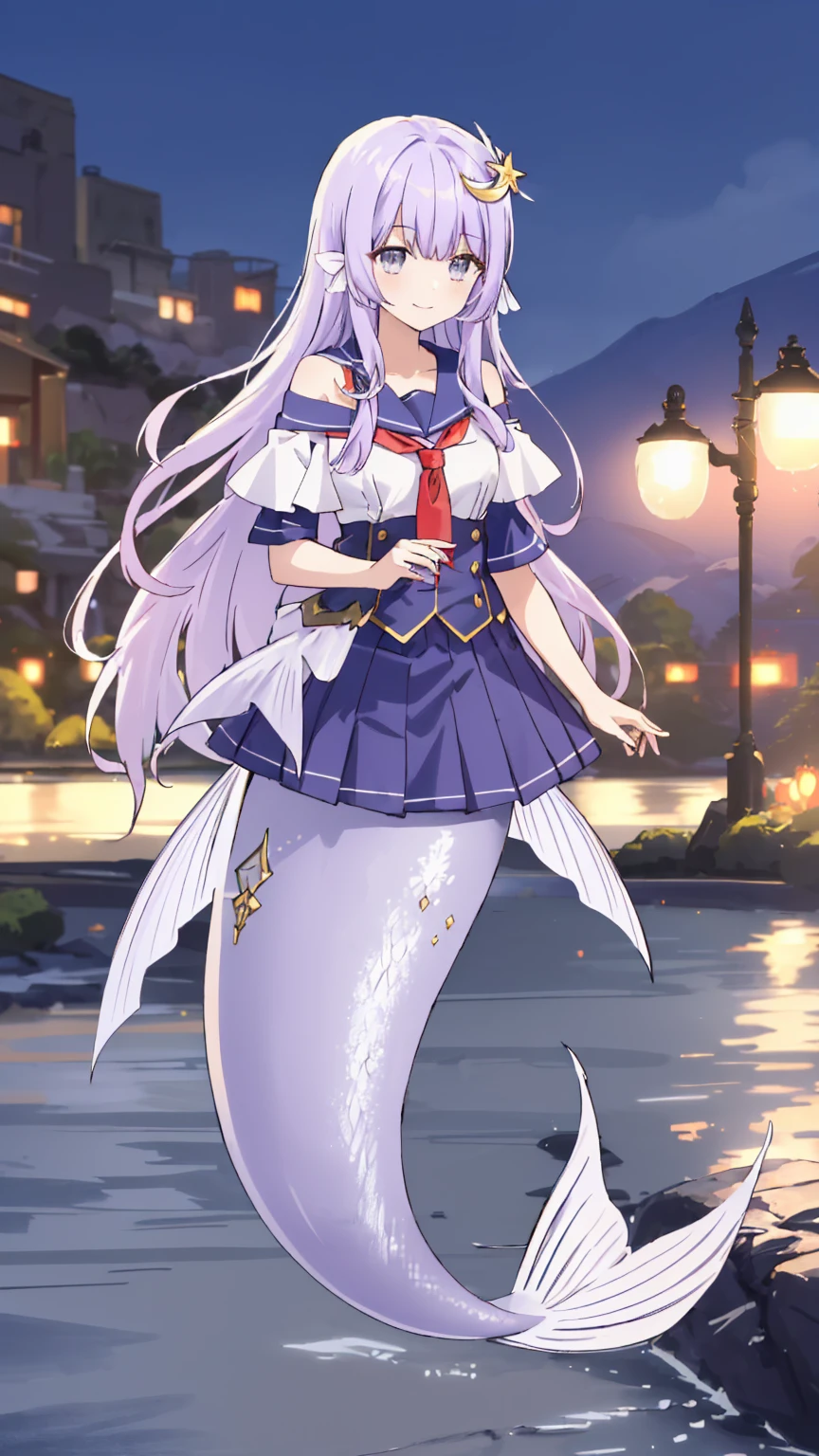 ((best quality, clearly_image)),  1 Girl,Lilac hair,Gray eyes,Bangs,Ji Qie, masterpiece, Smile, Long hair,outdoor,Crescent hair ornament,Uniforms,mini skirt,Ruffle skirt,Off-shoulder,Mermaid