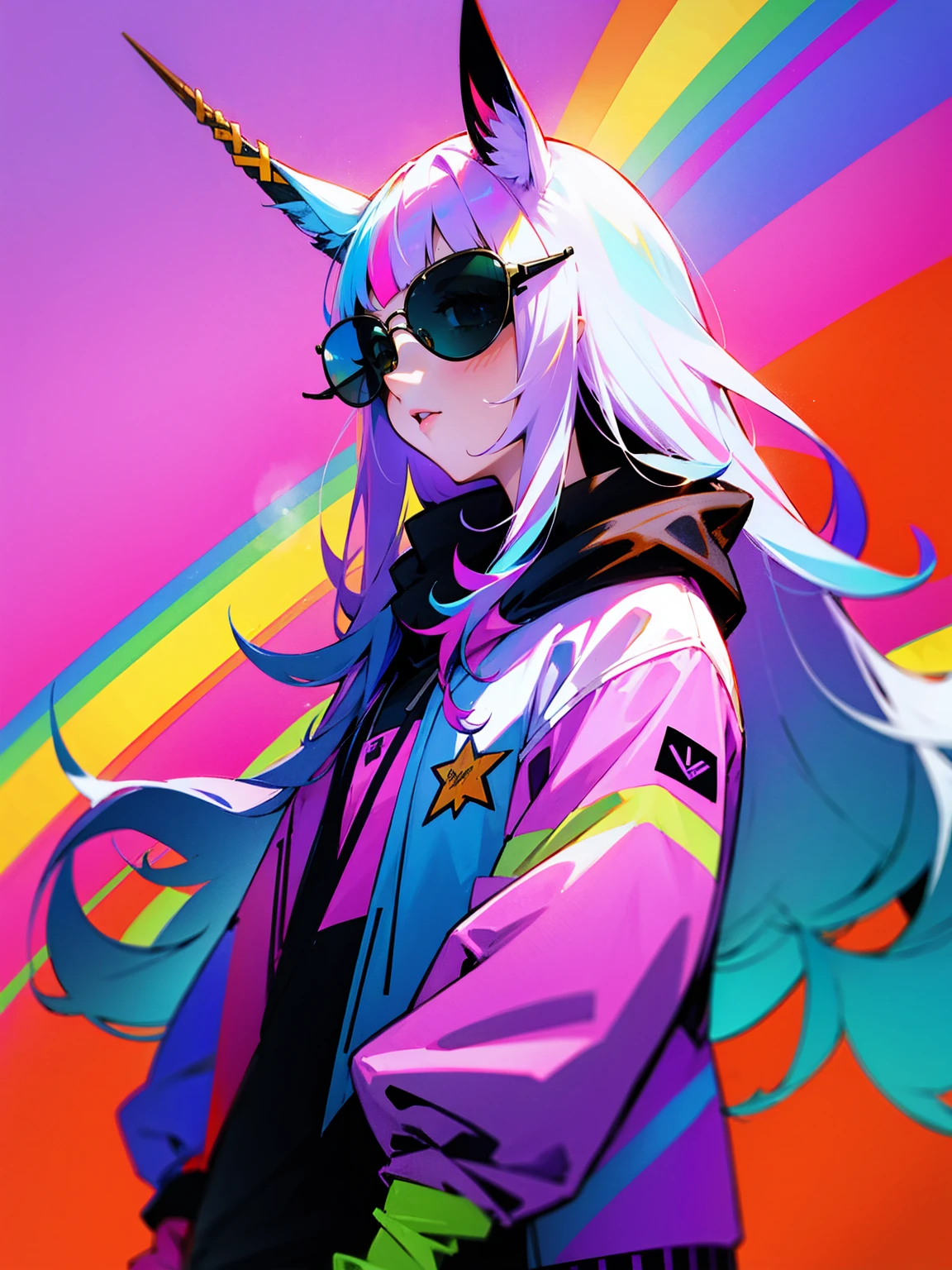 1female, long hair, straight hair, horse ears, unicorn horn on head, rainbow jacket, sunglasses, confident