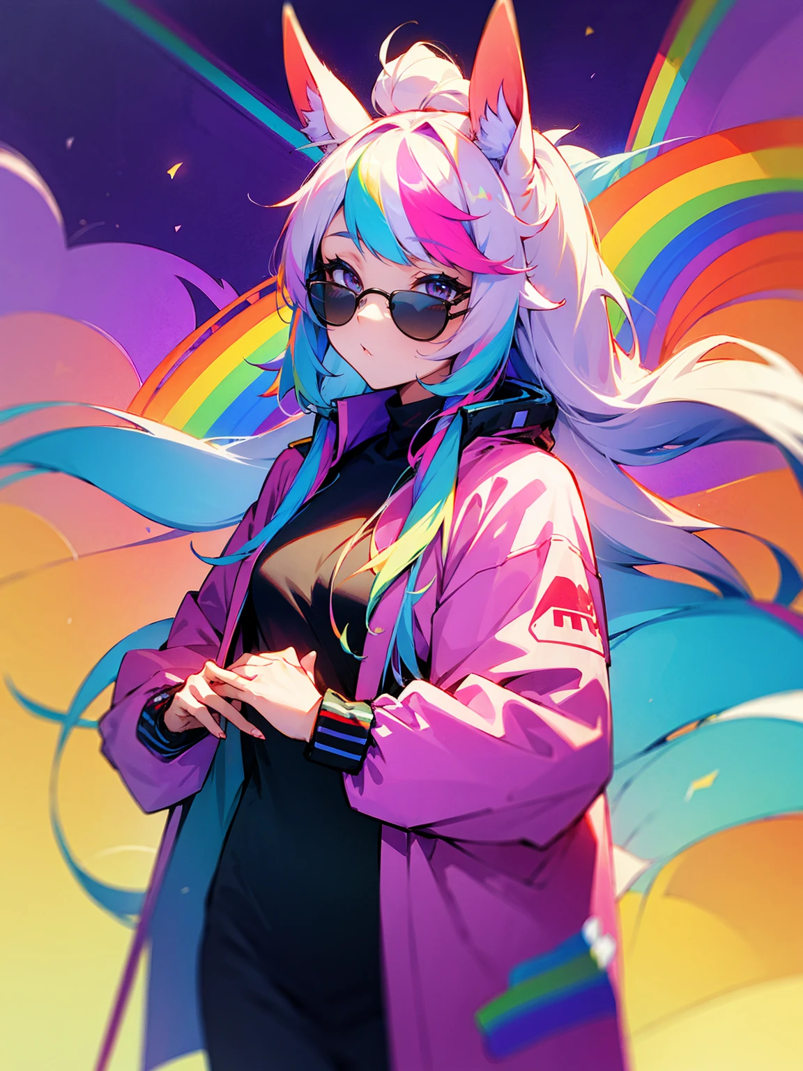 1female, long hair, straight hair, horse ears, unicorn horn on head, rainbow jacket, sunglasses, confident