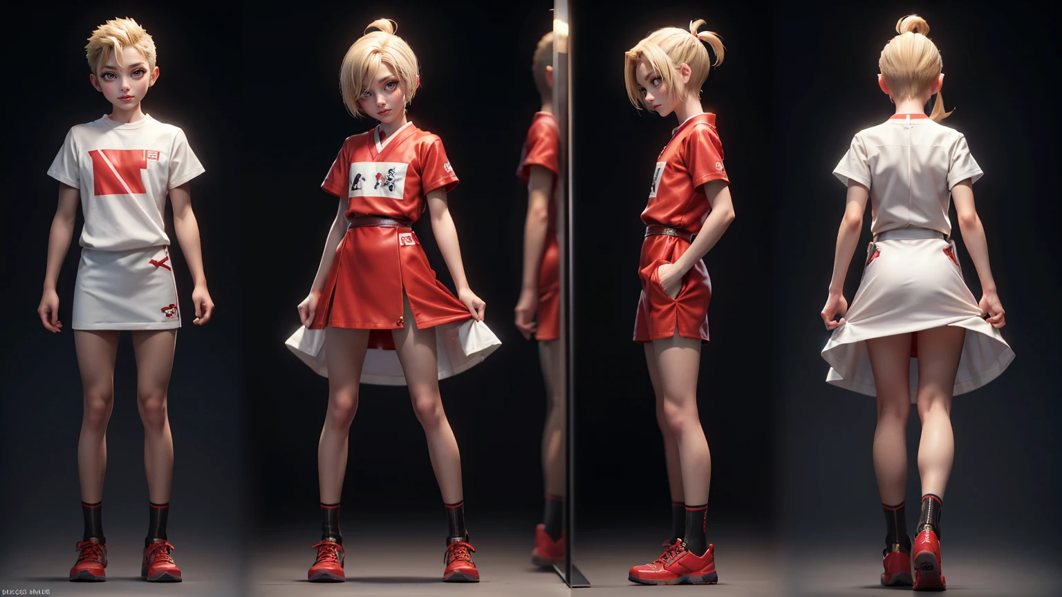 Japanese  man  in a T-Shirt and Shorts Set: Dress Undercut hair style, blond hairs hairs red dress, gaming , smiling face, short dress full straight standing pose,  student, , Full body, modern boy , games boy, Simple white background,,, design sheet, HD, full body, standing, modern futuristic dress, front view