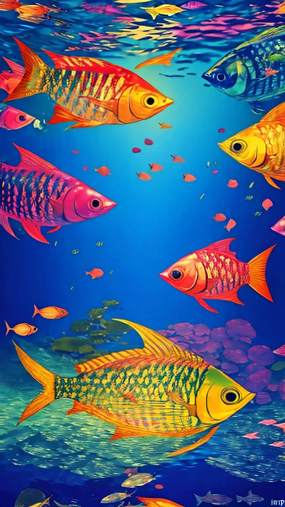 Fish swimming in the rainbow sea,colorful,Beautiful fish,Various kinds of fish、wonderful景色,Utopia,An atmosphere full of dreams and hope,masterpiece.16K, Ultra-high resolution, Ultra-high resolution, to be born,wonderful ,future、Iridescent、The world 30 years from now。