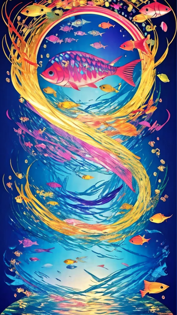 Fish swimming in the rainbow sea,colorful,Beautiful fish,Various kinds of fish、wonderful景色,Utopia,An atmosphere full of dreams and hope,masterpiece.16K, Ultra-high resolution, Ultra-high resolution, to be born,wonderful ,future、Iridescent、The world 30 years from now。