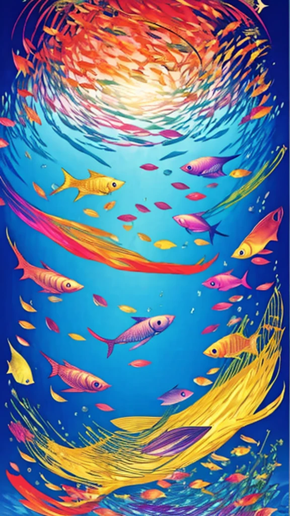 Fish swimming in the rainbow sea，colorful，Beautiful fish，Various kinds of fish、wonderful景色，Utopia，An atmosphere full of dreams and hope，masterpiece．16K, Ultra-high resolution, Ultra-high resolution, to be born,wonderful ,future、Iridescent、The world 30 years from now。