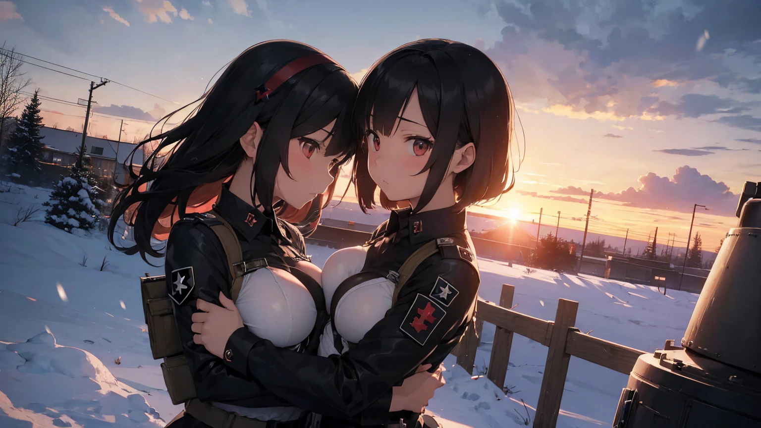  Gestapo uniform, female lesbian  kawaii sisters kissing passionately with T-54 military tank. wearing Luftwaffe uniforms. 8k. masterpiece. best quality. best artwork. lingerie. Swastika insignia red armband. bare breasts. sunset. snowing
