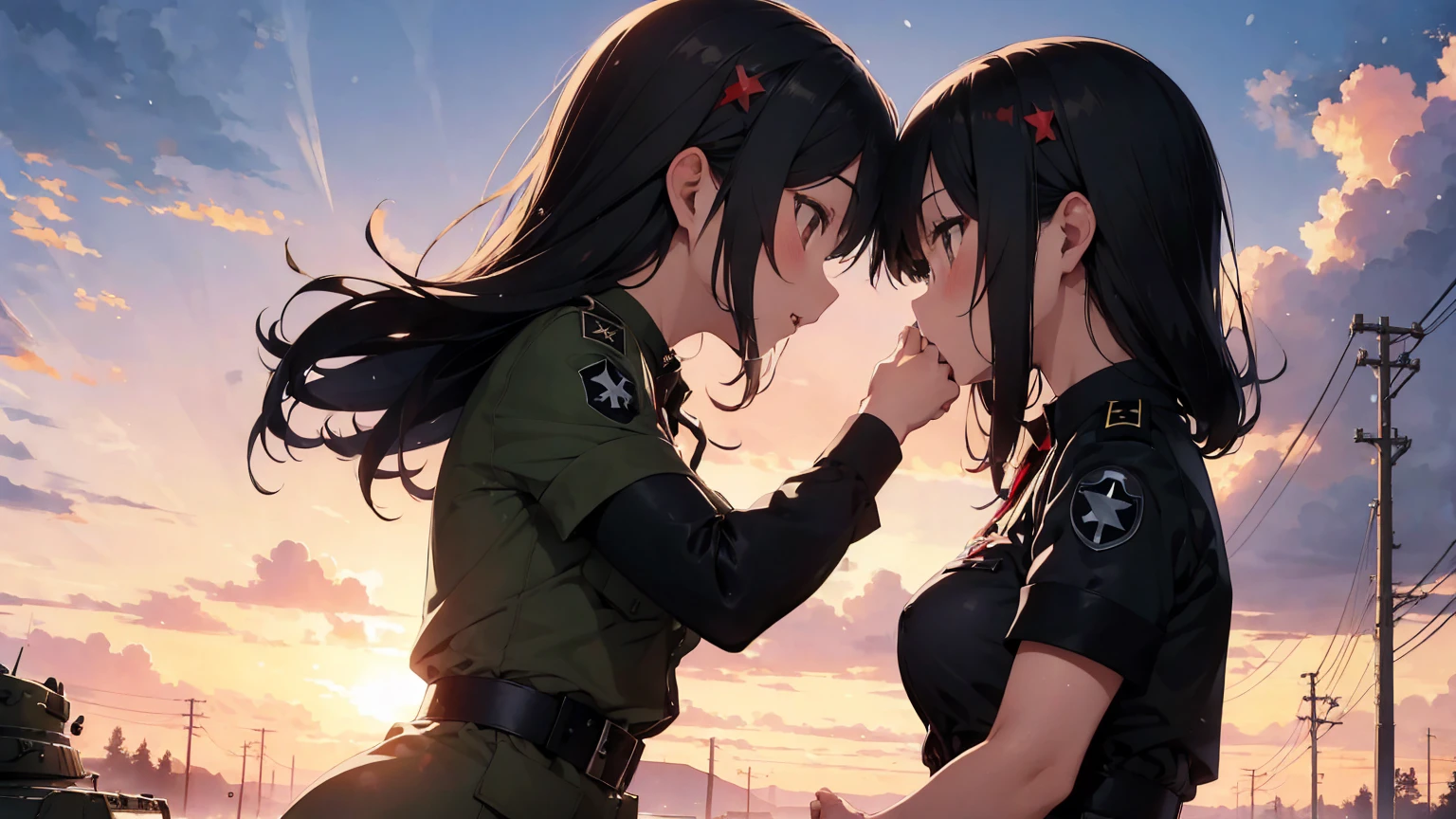 Gestapo uniform, female lesbian kawaii sisters kissing passionately with T-54 military tank. wearing Luftwaffe uniforms. 8k. masterpiece. best quality. best artwork. lingerie. Swastika insignia red armband. bare breasts. sunset. snowing