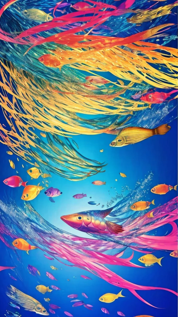 Fish swimming in the rainbow sea，colorful，Beautiful fish，Various kinds of fish、wonderful景色，Utopia，An atmosphere full of dreams and hope，masterpiece．16K, Ultra-high resolution, Ultra-high resolution, to be born,wonderful ,future、Iridescent、The world 30 years from now。