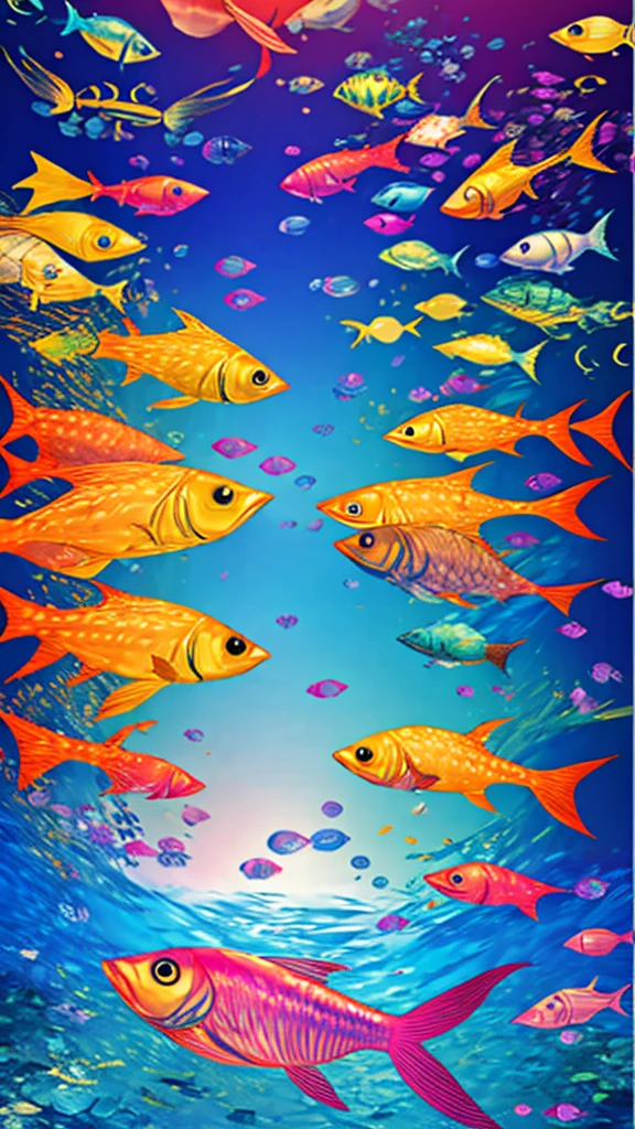 Fish swimming in the rainbow sea,colorful,Beautiful fish,Various kinds of fish、wonderful景色,Utopia,An atmosphere full of dreams and hope,masterpiece.16K, Ultra-high resolution, Ultra-high resolution, to be born,wonderful ,future、Iridescent、The world 30 years from now。