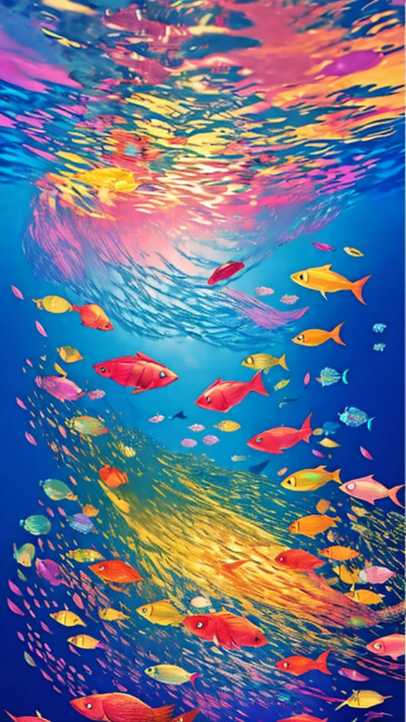 Fish swimming in the rainbow sea,colorful,Beautiful fish,Various kinds of fish、wonderful景色,Utopia,An atmosphere full of dreams and hope,masterpiece.16K, Ultra-high resolution, Ultra-high resolution, to be born,wonderful ,future、Iridescent、The world 30 years from now。