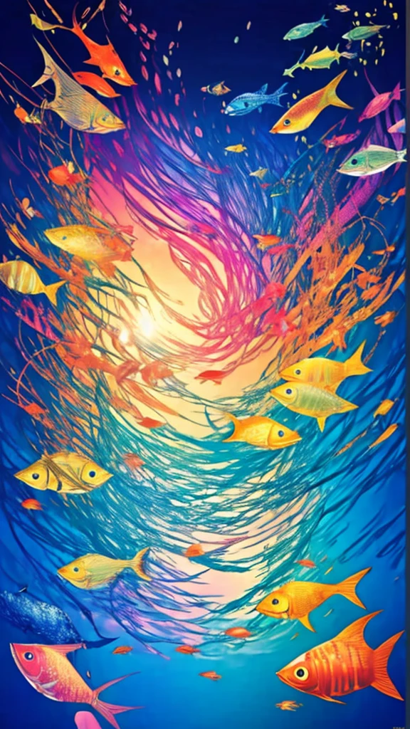 Fish swimming in the rainbow sea,colorful,Beautiful fish,Various kinds of fish、wonderful景色,Utopia,An atmosphere full of dreams and hope,masterpiece.16K, Ultra-high resolution, Ultra-high resolution, to be born,wonderful ,future、Iridescent、The world 30 years from now。