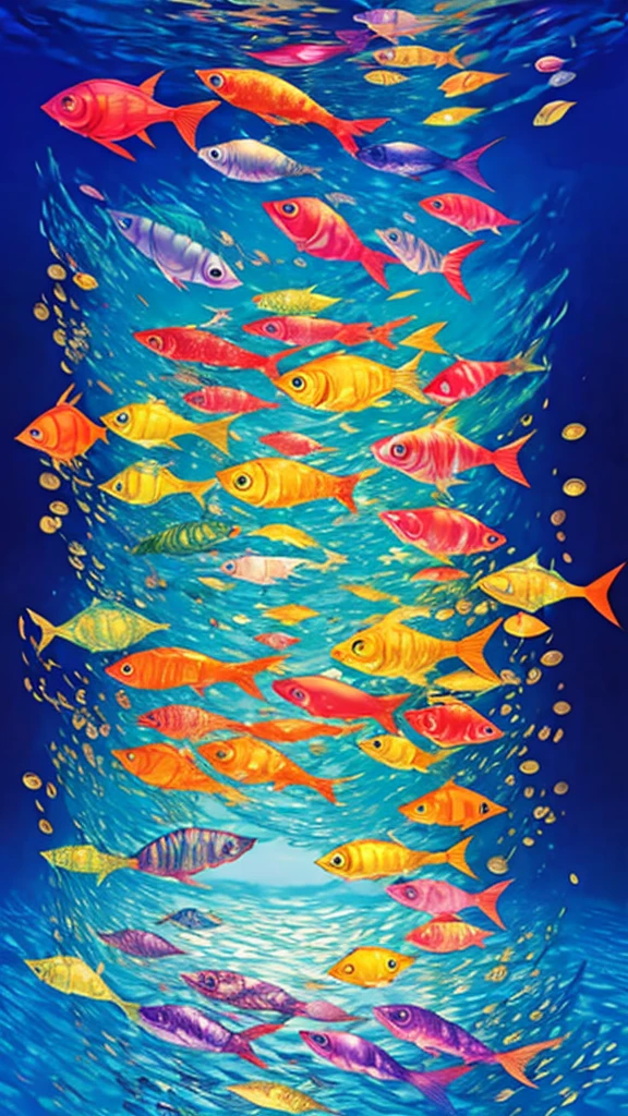 Fish swimming in the rainbow sea,colorful,Beautiful fish,Various kinds of fish、wonderful景色,Utopia,An atmosphere full of dreams and hope,masterpiece.16K, Ultra-high resolution, Ultra-high resolution, to be born,wonderful ,future、Iridescent、The world 30 years from now。