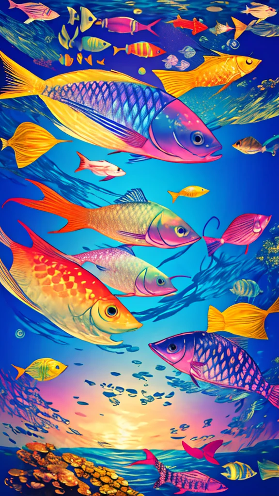 Fish swimming in the rainbow sea,colorful,Beautiful fish,Various kinds of fish、wonderful景色,Utopia,An atmosphere full of dreams and hope,masterpiece.16K, Ultra-high resolution, Ultra-high resolution, to be born,wonderful ,future、Iridescent、The world 30 years from now。