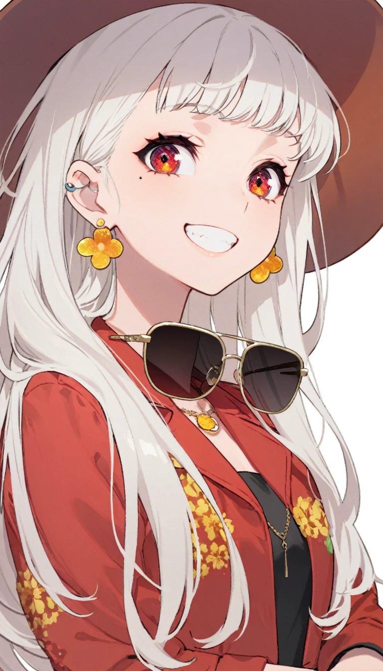 One girl, alone, Long Hair, View your viewers, smile, bangs, 青色のJacket, Red pastel skirt、Red eyes,White hair in the eye、Beautiful eyes that shine、Boater hat、jewelry, Sitting, Jacket, Upper Body, Silver Hair、 earrings, teeth, Grin, open Jacket, Earrings, ring, ear Earrings,Colored glasses, White Background、White background,Umaibo、Candy