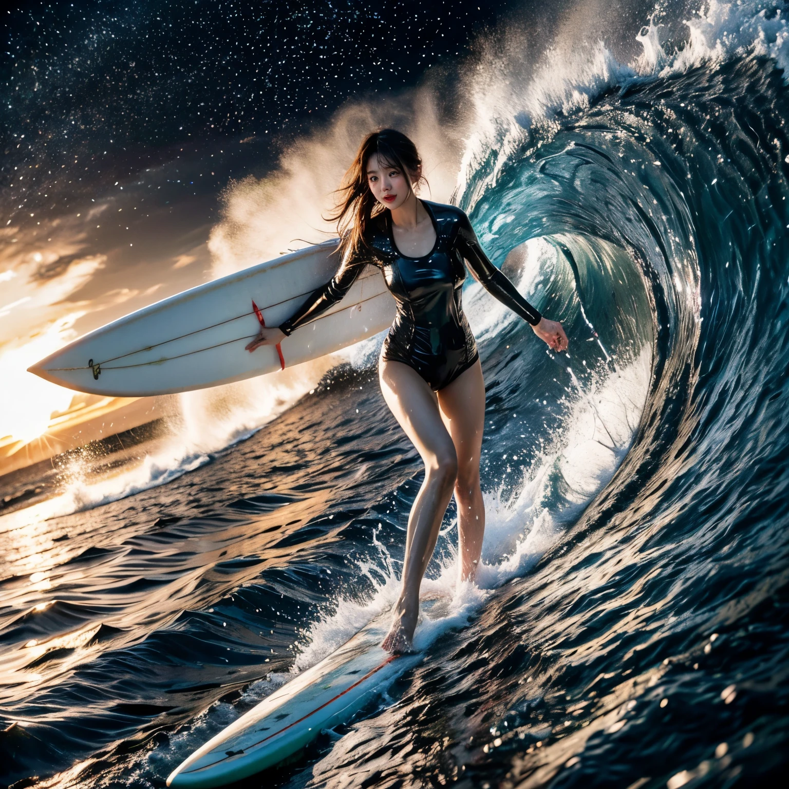 (ZoomedOut:1.28, Wide-shot) ZoomLayer (Epic photo of surfer magazine:1.37). (Full of Water, Everything Wetted:1.4) WetHair (extremely detailed Cute Girl in RED)(SparklingHighlights:1.28), Dynamic Joyful Expressions LifeLike Rendering (ManoErina:1.0) . Overflowing Gigantic Sideboob (Clearly Visible Beautiful Breast to Buttocks Line) Tiny and Roundly Butt, Detailed wet clothing texture, (Sloppy Surfboard:-1.2) Riding on waves, Sparkling water, TyndallEffect(Starry Water Particles:1.32), Whole Body proportions and all limbs are anatomically accurate