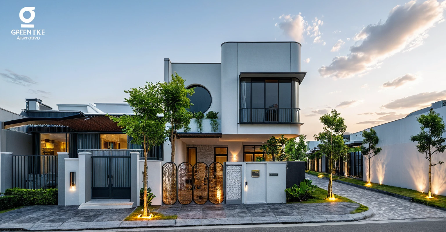 Masterpiece, high quality, best quality, authentic, super detailed, outdoor, aiaigroup, modern townhouse style, stairs, white wall combined with wood, wind encaustic tiles, iron gate, conwood ceiling, flowers, path, summer evening, grass, trees, sky, clouds, (daylight: 1.1)