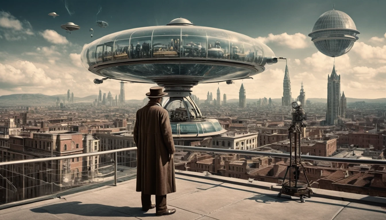 An old photography taken on a 19th century camera, depicting a time traveler from that era standing next to his innovative Da Vinci like time traveling machine. He's standing in a futuristic city, with the glass sky scrappers, flying cars and highend technologies.