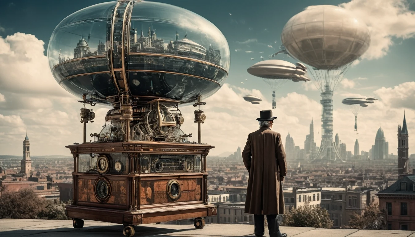 An old photography taken on a 19th century camera, depicting a time traveler from that era standing next to his innovative Da Vinci like time traveling machine. He's standing in a futuristic city, with the glass sky scrappers, flying cars and highend technologies.