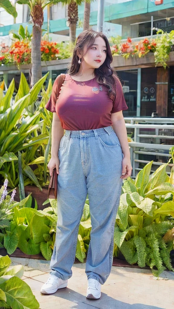 (masterpiece, best quality:1.2), 1girl, solo, long hair black, chubby body, cuvy body, full body wearing long t-sirt, long pants,
