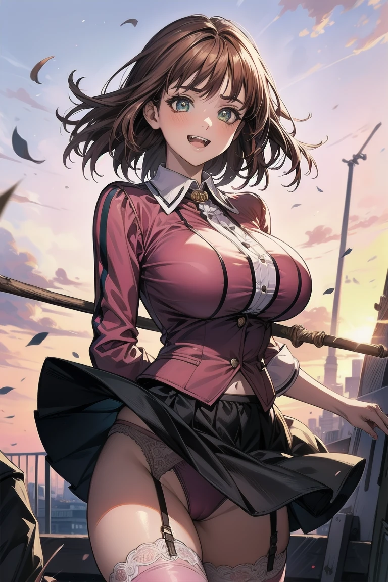 (Very beautiful face and eyes:1.2),(Laugh together),((Big Breasts))、Skirt fluttering in the wind、Fresh Skin、Beautiful legs,Pink Ranger、Fit,Redhead、Yellow headband、garter belt、Double teeth、Stick your butt out
(Highest quality,masterpiece:1.2),1 girl,Looking at the audience,
Natural light,Hair blowing in the wind,Beautifully detailed skies,
