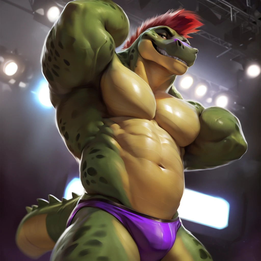 Montgomery Gator, Male, Solo, Muscular, Muscle: 3, Pectoral Muscle: 2, Big Pecs, Abs, Claws, Correct anatomy, Stage, Front View, Private Room Background, (Photorealistic, Realistic shadows, depth of field, Wide Dynamic Field, Dark Shadows, HDR, Low Light: 1.2, Very Low Angle, Front Shot), (by null-ghost, by Chunie, by darkgem), Grinning at Viewer, Tail, Speedo, Hands Behind Head, 