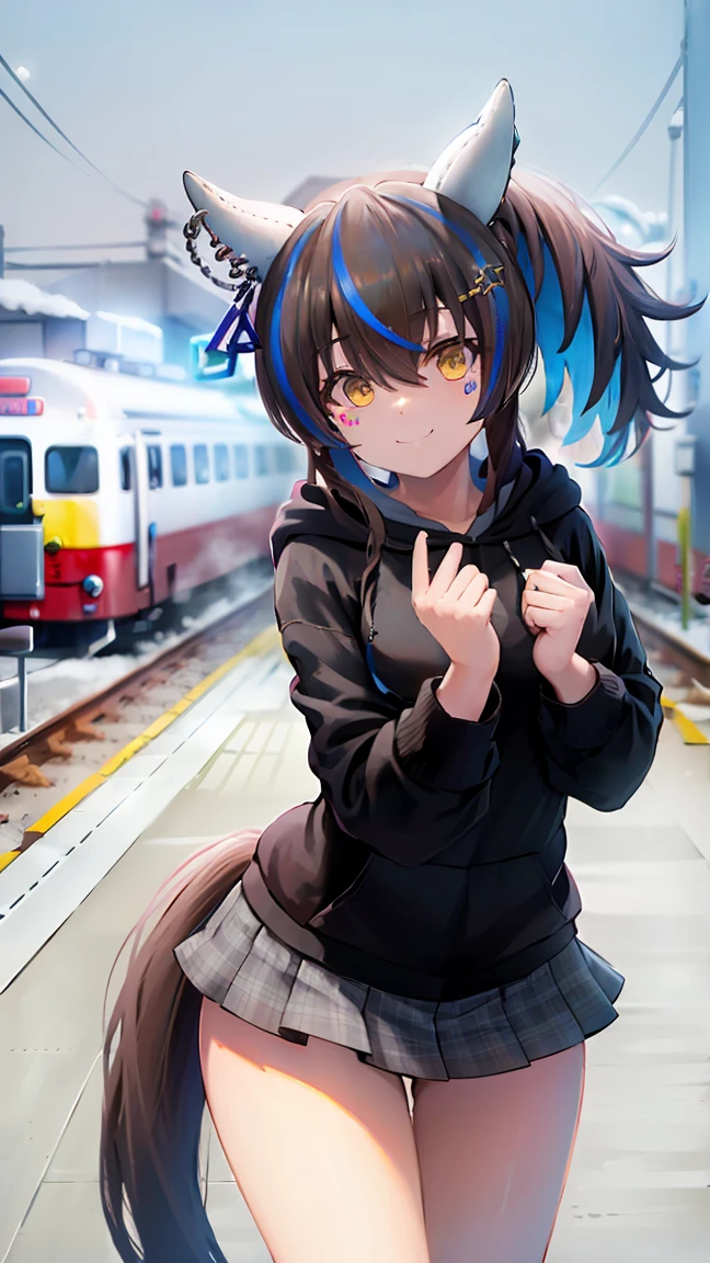 masterpiece, Highest quality, High resolution, Very detailed,(((Daitaku Helios))), (((Black hoodie)))、(((With the station in the background)))、(((smile)))、heavy snow, Horse ears, Black Mini Skirt