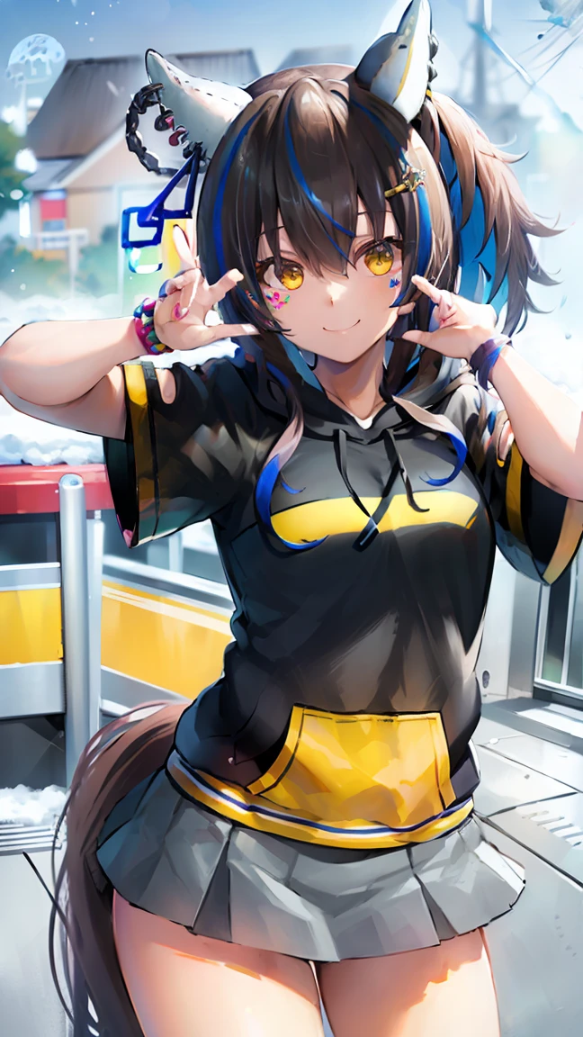 masterpiece, Highest quality, High resolution, Very detailed,(((Daitaku Helios))), (((Black hoodie)))、(((With the station in the background)))、(((smile)))、heavy snow, Horse ears, Black Mini Skirt